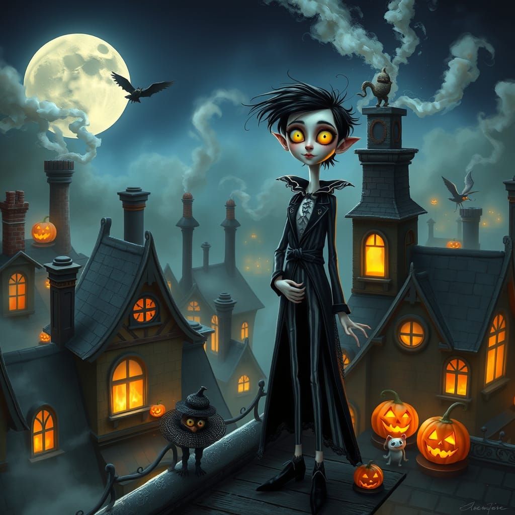 Whimsical Victorian Character on Moonlit Rooftop