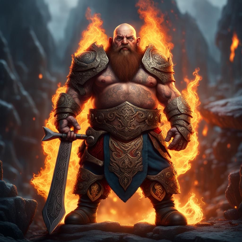 Dwarf Warrior with Flaming Tattoo in Detailed Matte Painting