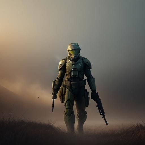 Master Chief on a Misty Battlefield: Cinematic Film Still
