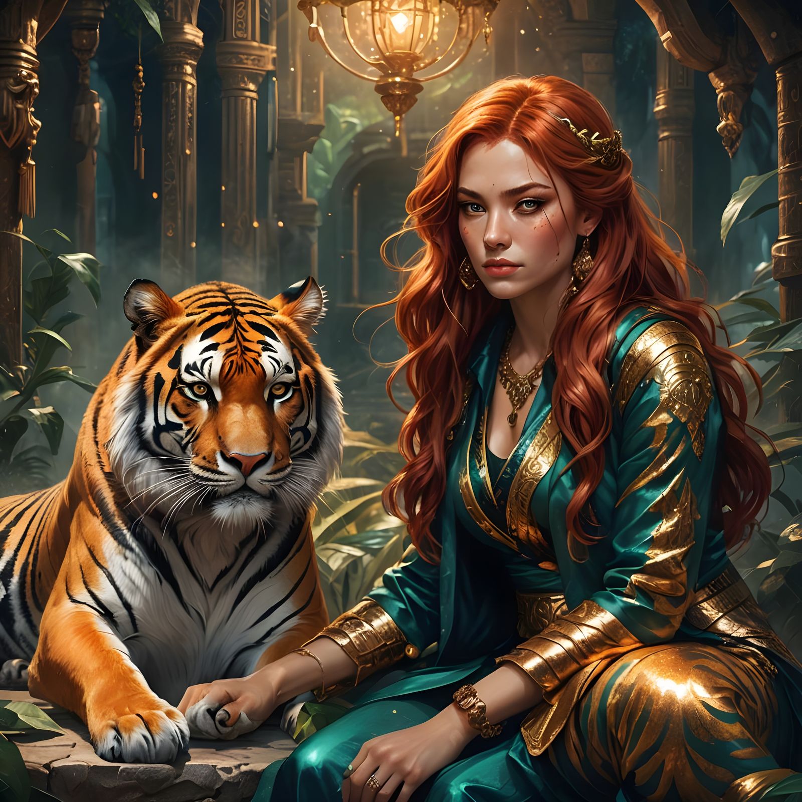 Fiery Woman and Tiger: Fantasy Concept Art