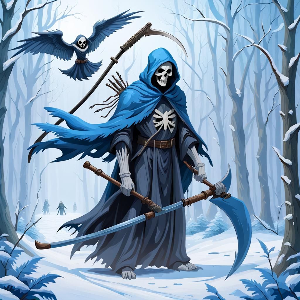 Grim Reaper in Blue Winter Forest Oil Painting