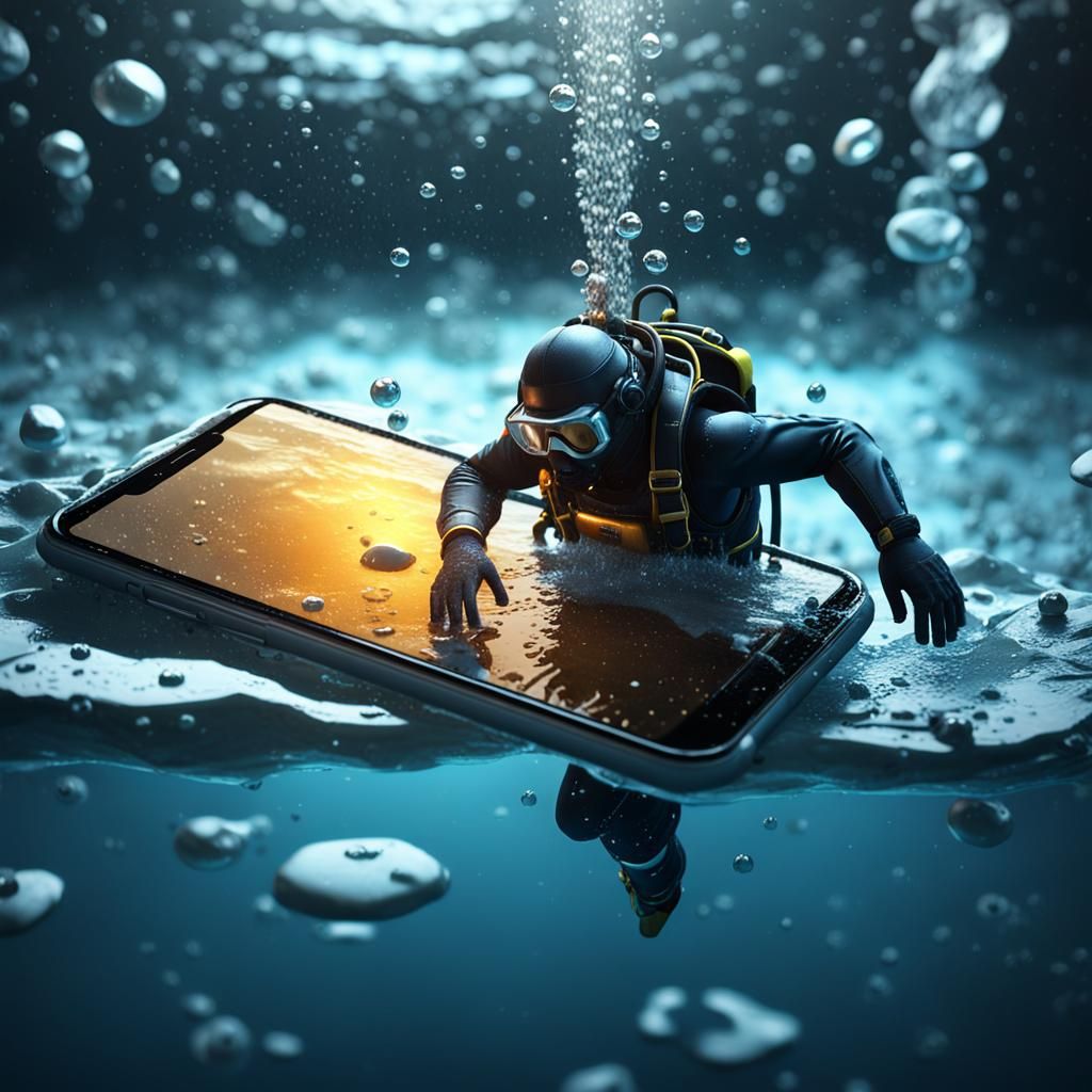 Diver Emerges from Phone: 3D Cinematic Scene