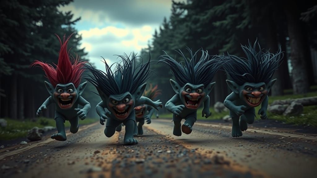 Pixar Trolls Sprinting on Forest Road in High Detail