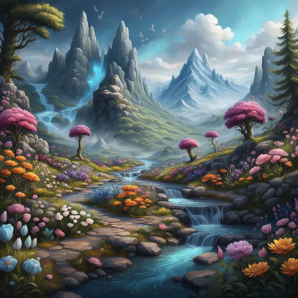 Fantastical Chalk Art of Mountain Stream in Deep Color