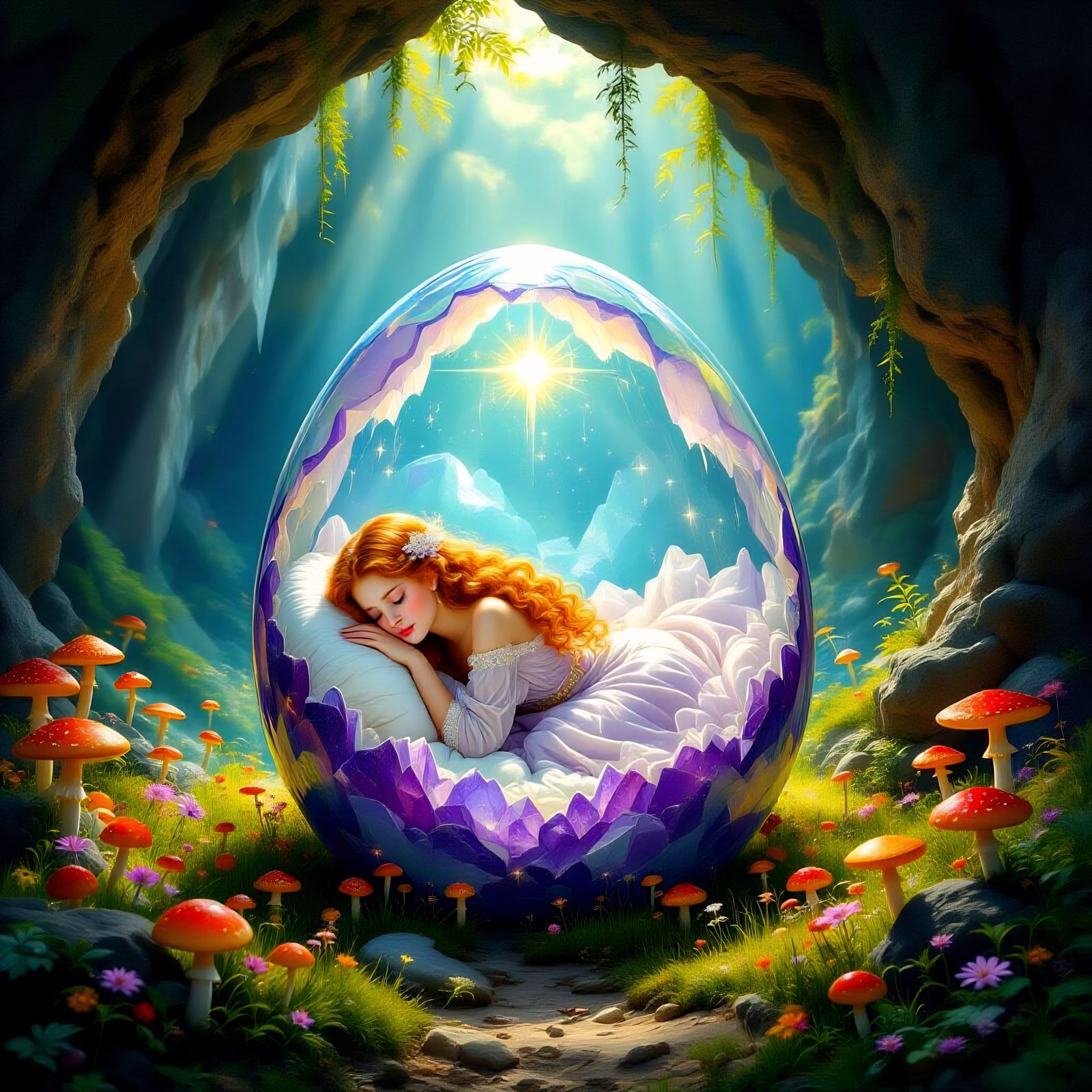 Norse Girl in Crystalline Egg, Flemish Oil Painting