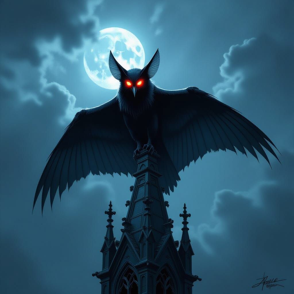 Mothman on Gothic Spire in Stormy Night