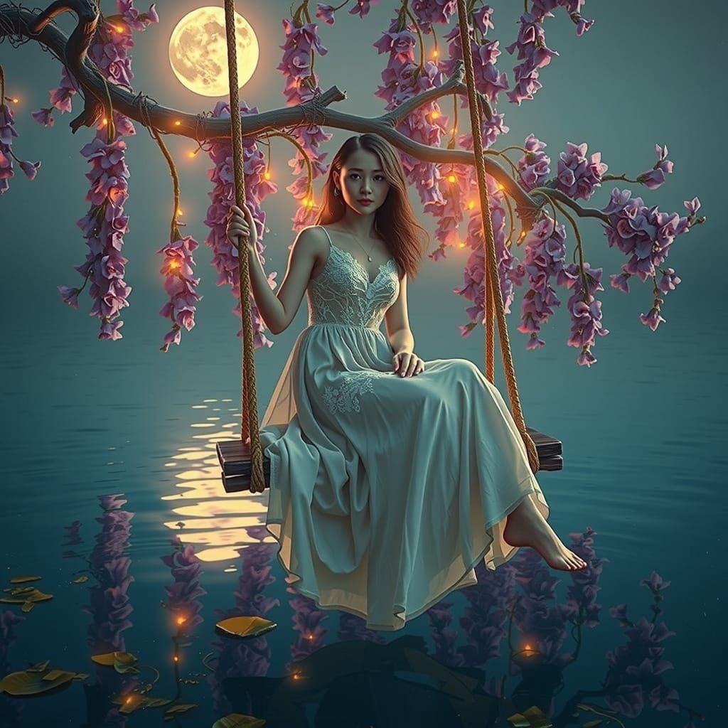 Ethereal Woman on Swing with Bioluminescent Flowers