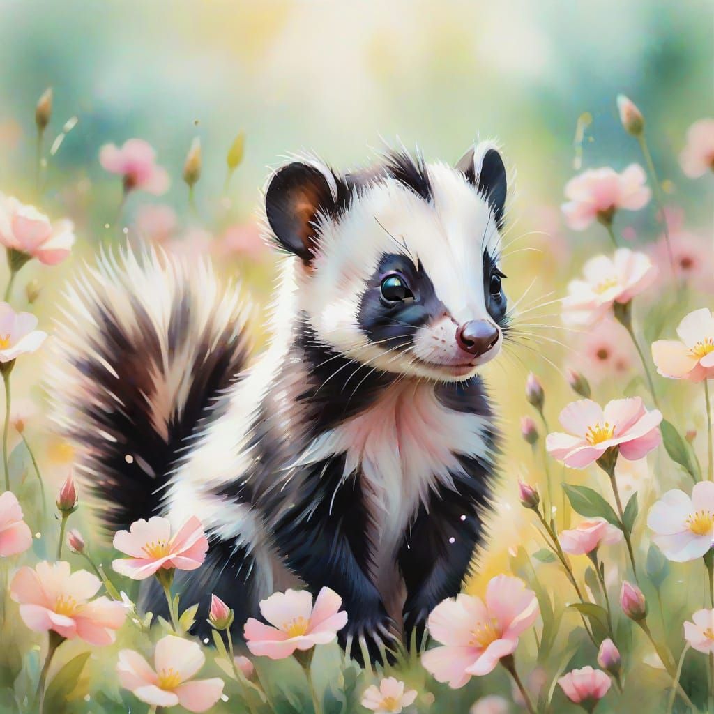Delicate Skunk in Whimsical Watercolor Floral Scene