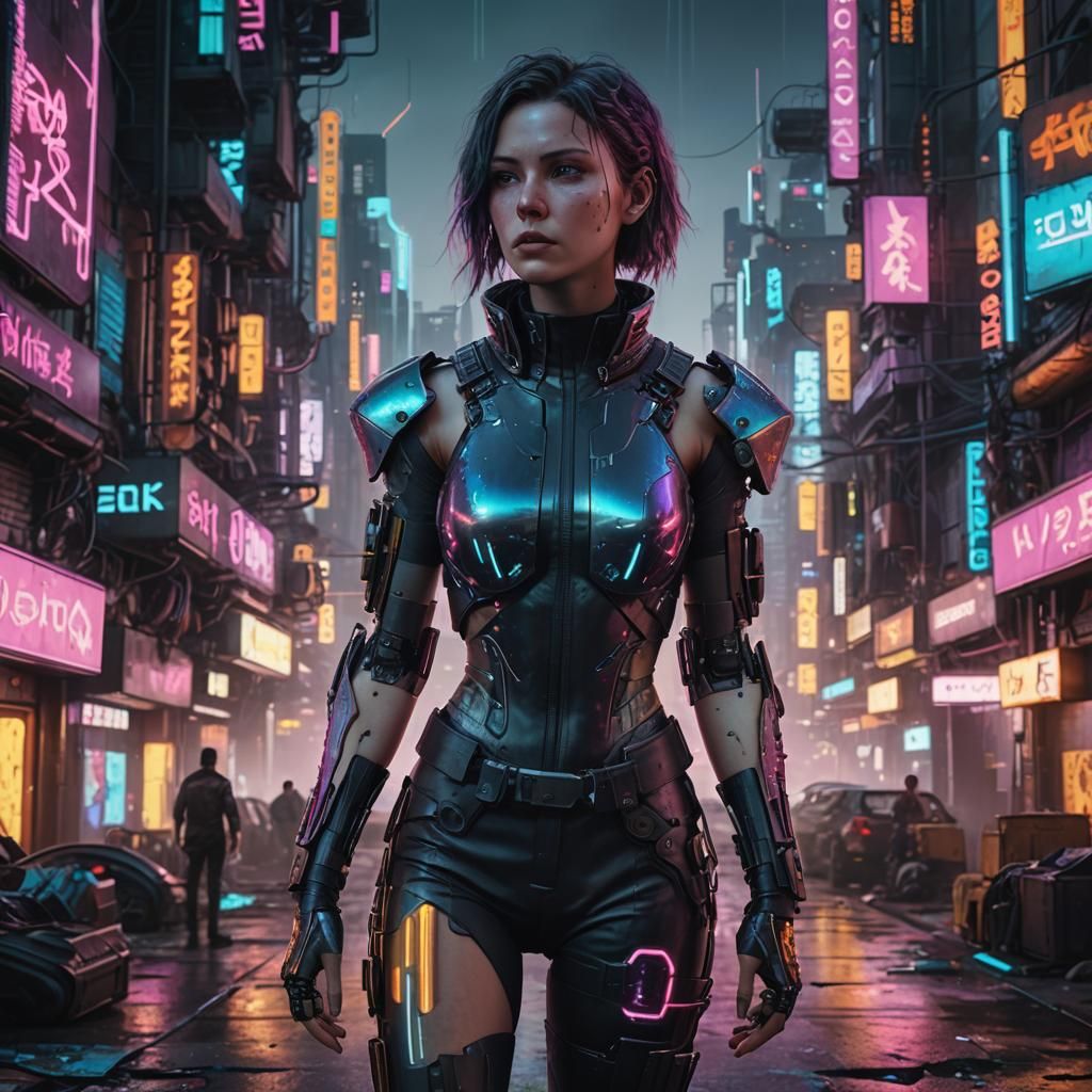 Hyperrealistic 16k rendering of a female protagonist in a dy...