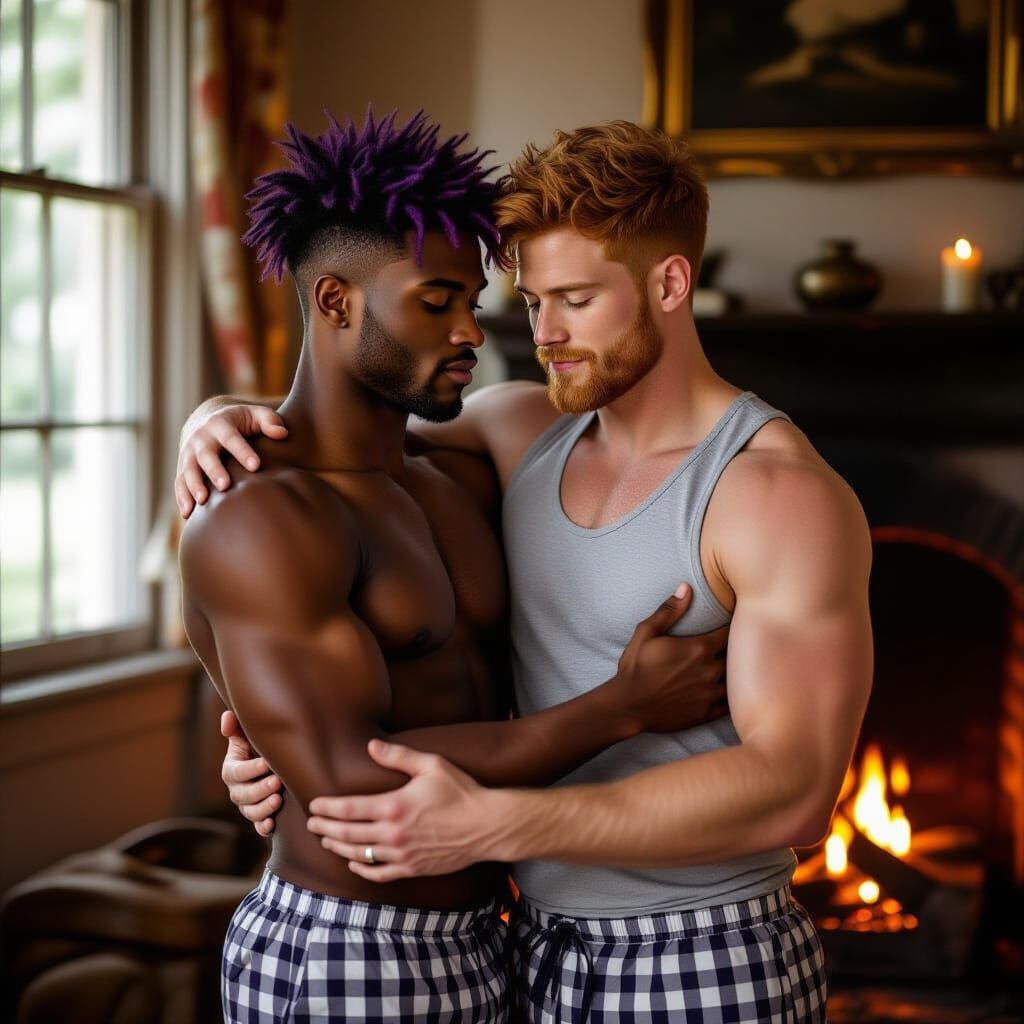 Interracial Couple's Tender Embrace by Firelight