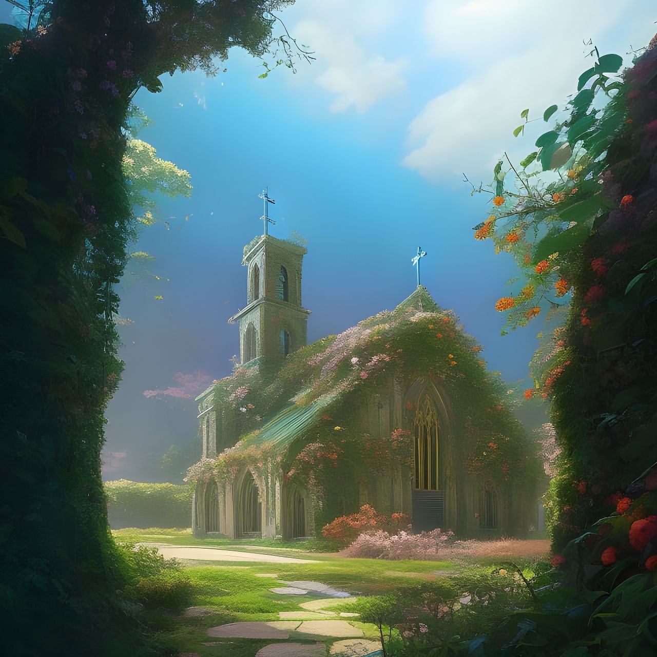 Floral Vines Enshroud Abandoned Church: Anime Illustration
