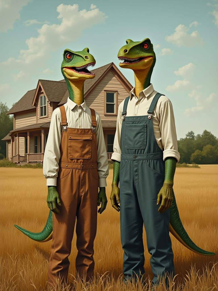 Velociraptor 'American Gothic' Parody in Earthy Tones
