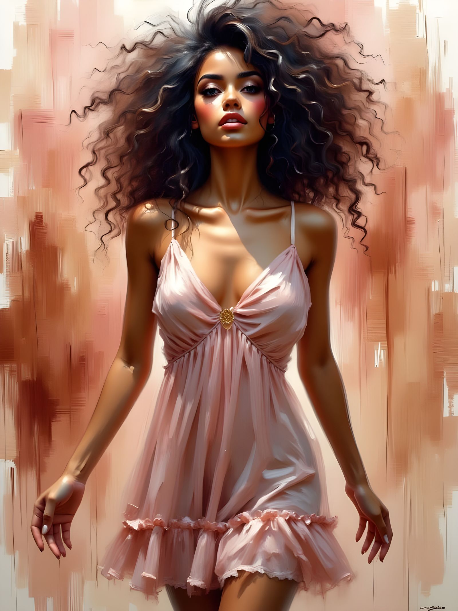 Ethereal Dark Kawaii Beauty in Sundress, Watercolor Wash