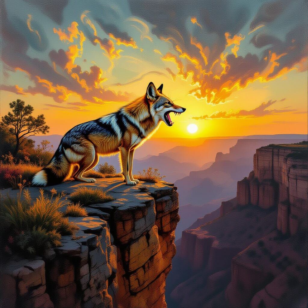 Surreal Jackal Roaring on Cliff Edge as Oil Painting