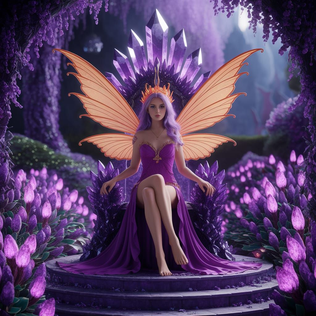 Fairy Queen Amidst Glowing Amethyst Garden