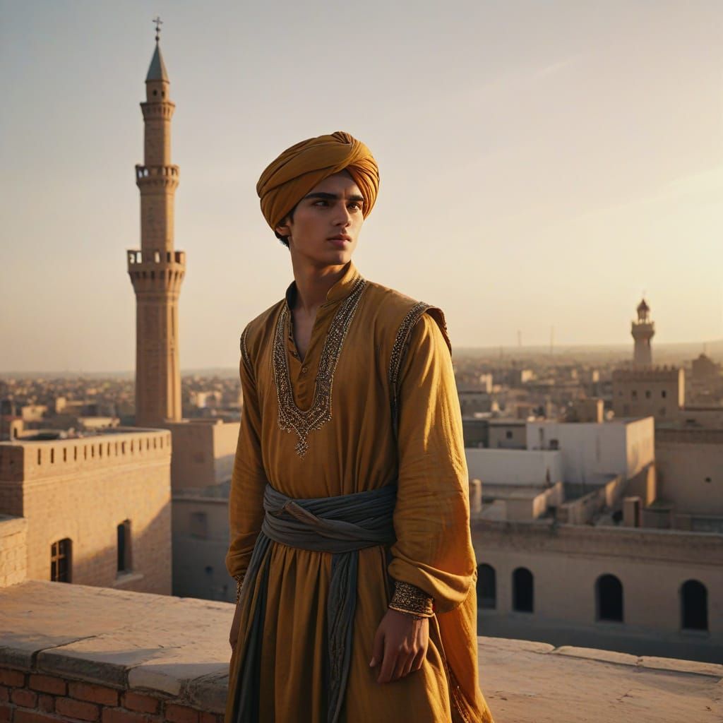 Teenage Prince on Rooftop in Golden Light