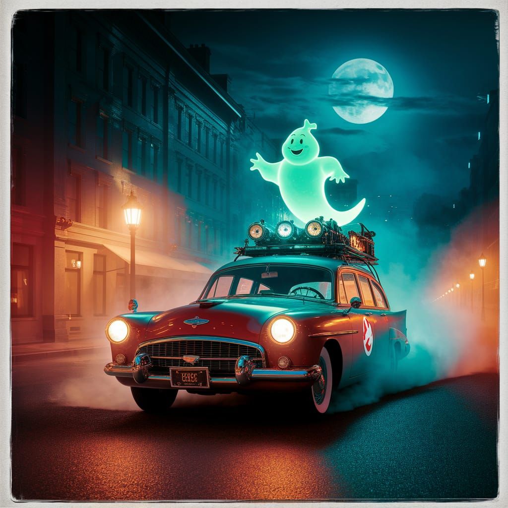 Ecto-1 Cruises Through Misty Moonlit Street