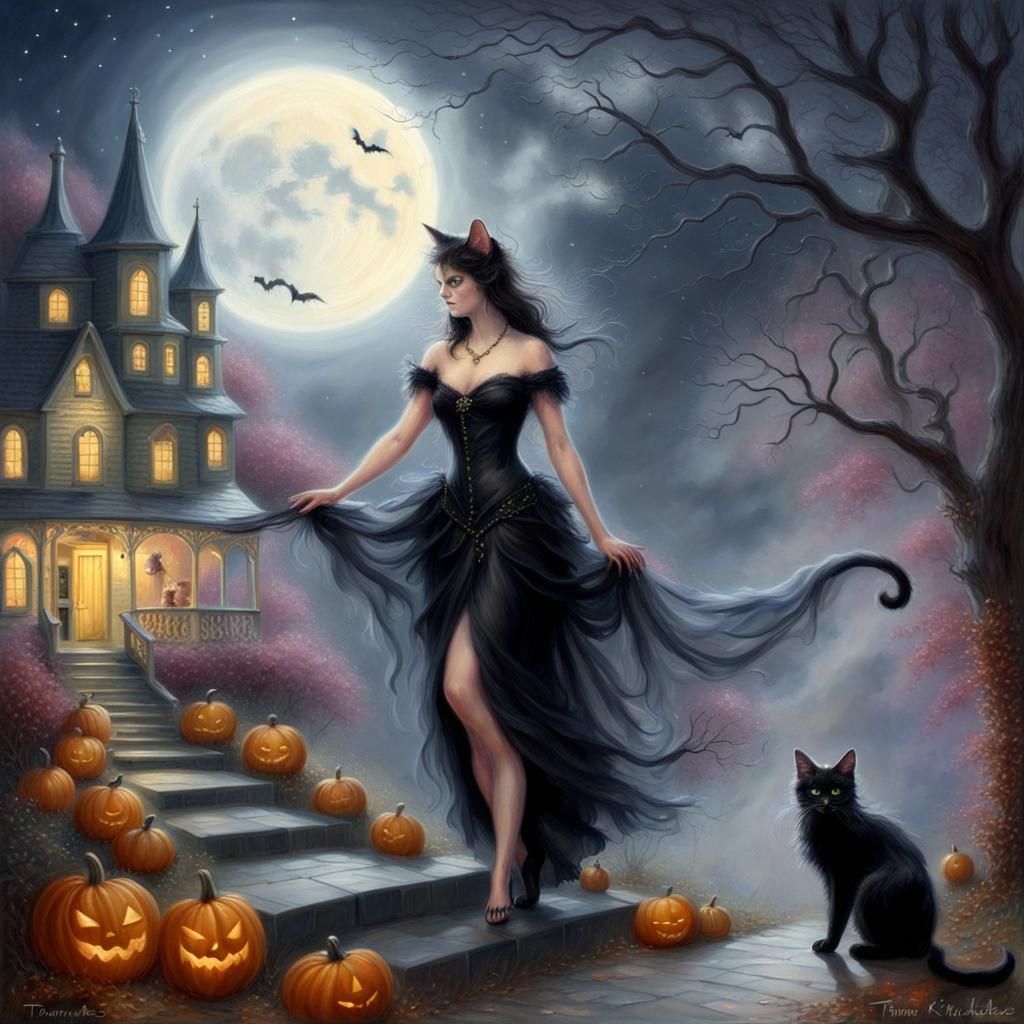 Ethereal Halloween Cat Fairy Under Moonlight