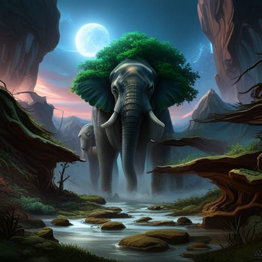 Detailed Elephant Matte Painting in Deep Color