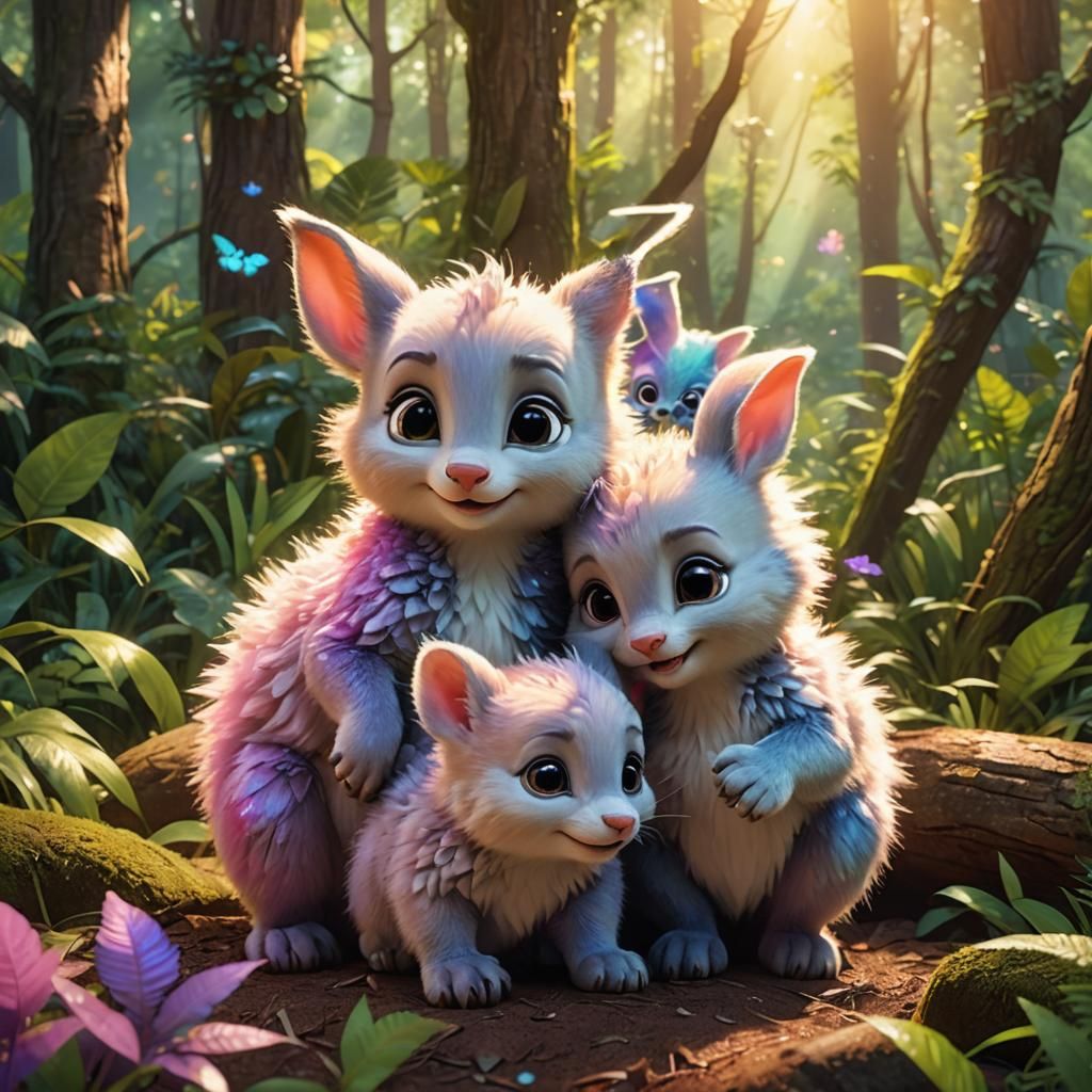 Adorable Baby Animals Embrace: 3D Animation Style