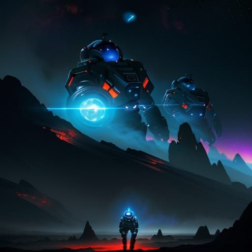 Robots and Astronauts in Vibrant Space Through Smoke