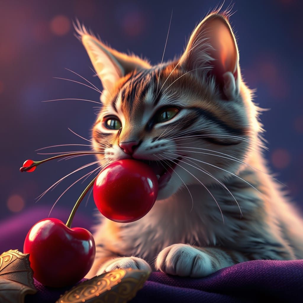 Whiskered Cat Bites into a Cherry in a Dreamlike Landscape