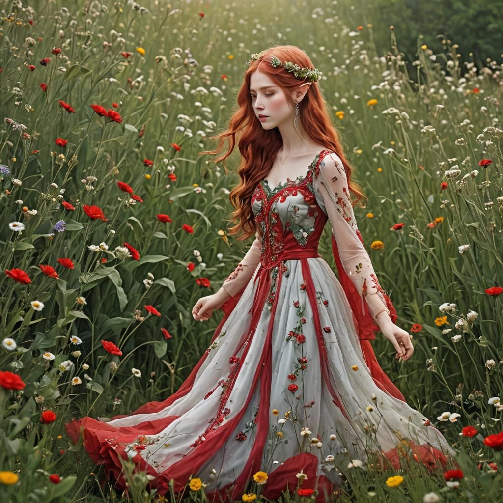 Elf with Crystal Dress in Flower Meadow