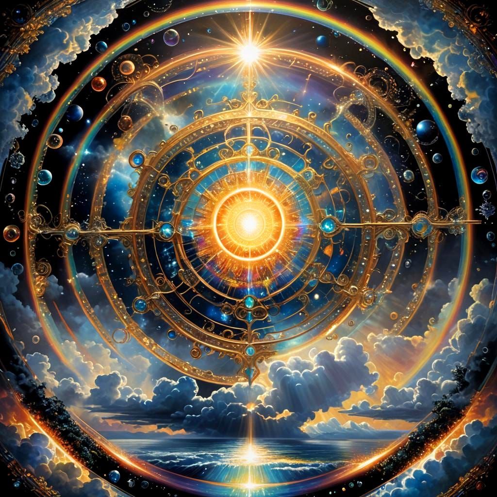 Radiant Figure Lounging on Cloud with Tesseract