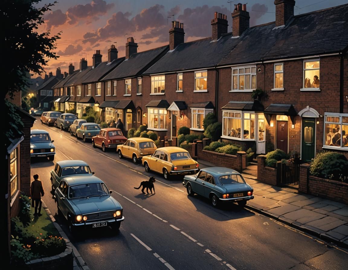 1970s English suburban  street at dusk ,kids playing out lat...