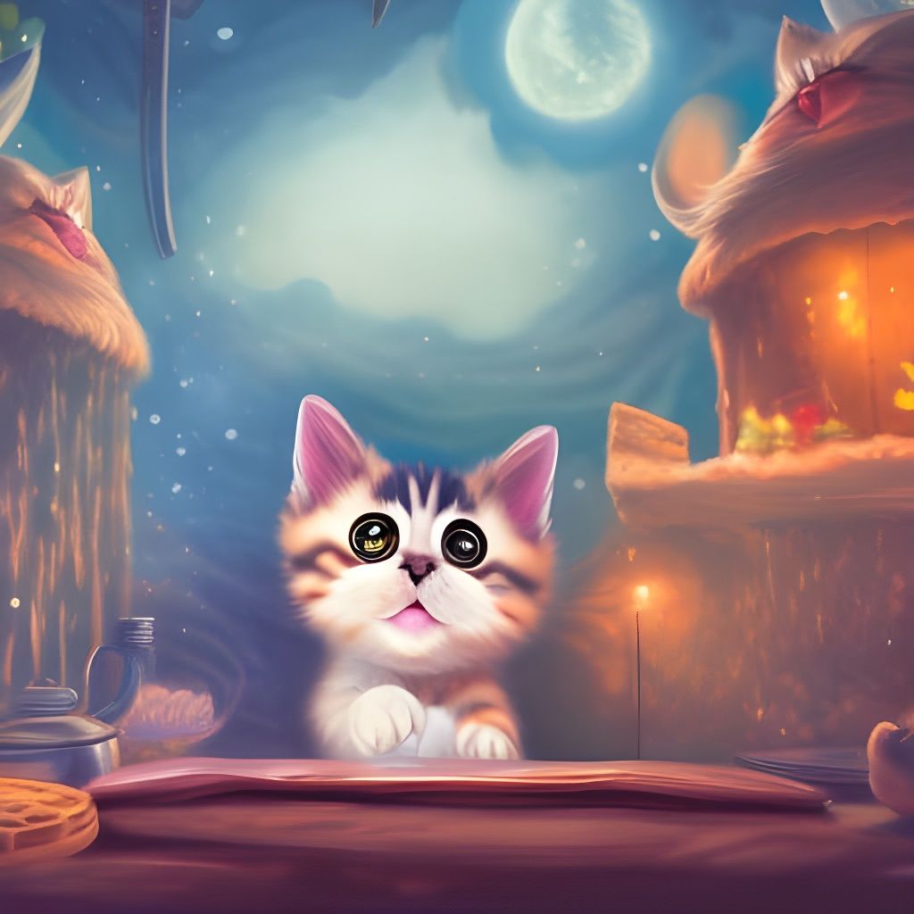Cute Kitten Baking Cookies: Detailed Fantasy Art