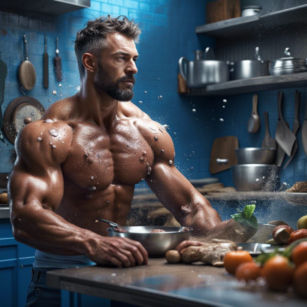Hyperrealistic Muscular Man in Kitchen