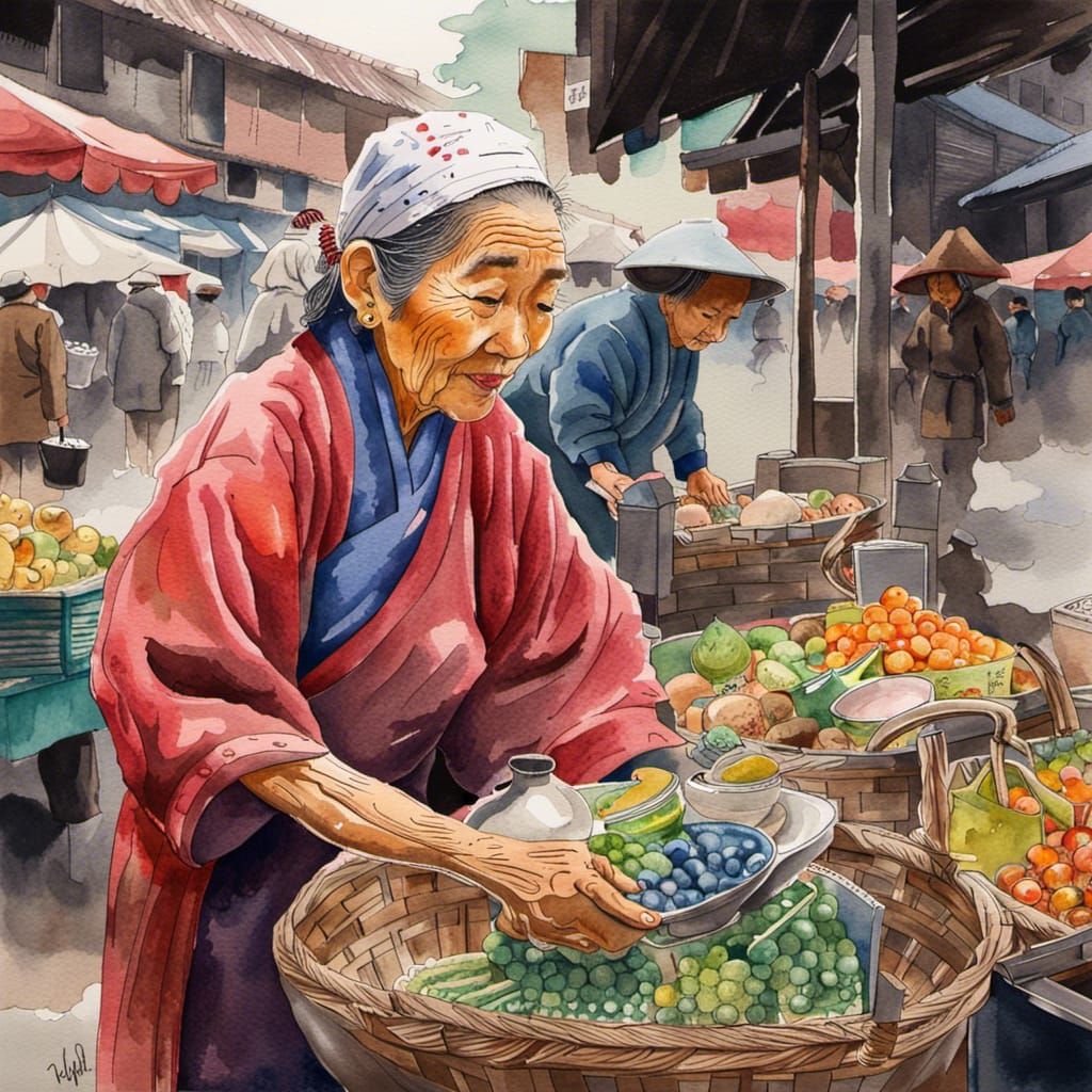 Asian Woman in Market: Watercolor Splash Art