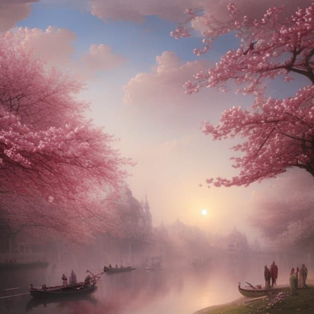 Cherry Trees in Bloom Watercolor Painting