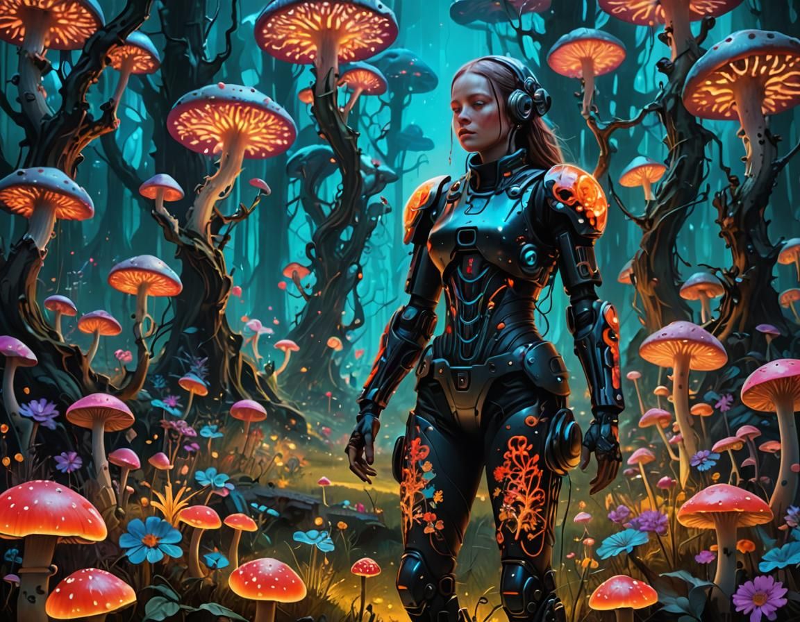 Surreal Woman in Mystical Forest Inspired by Bosch