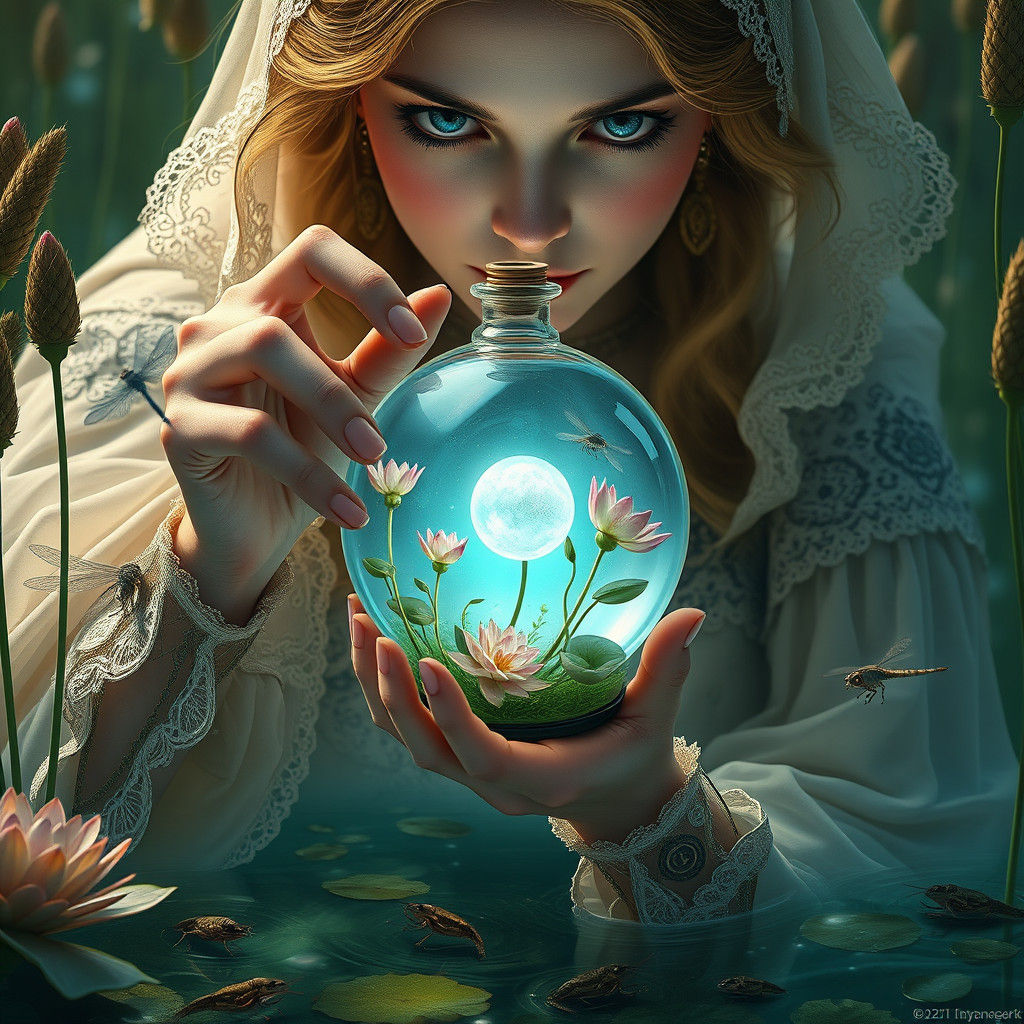 Mystical Sorceress Observes Bioluminescent Pond in Potion