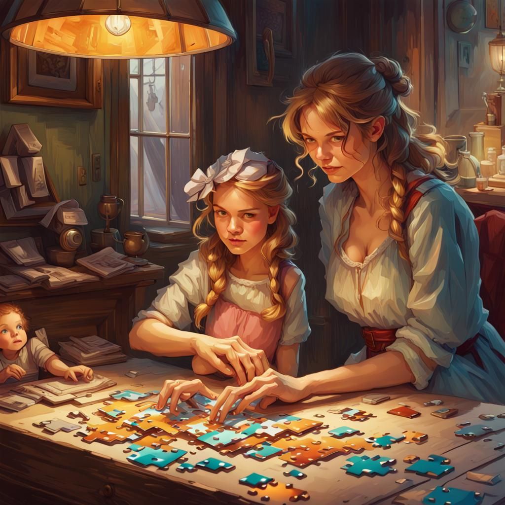 Mother and Daughter Playing Jigsaw Puzzle in Gouache Style