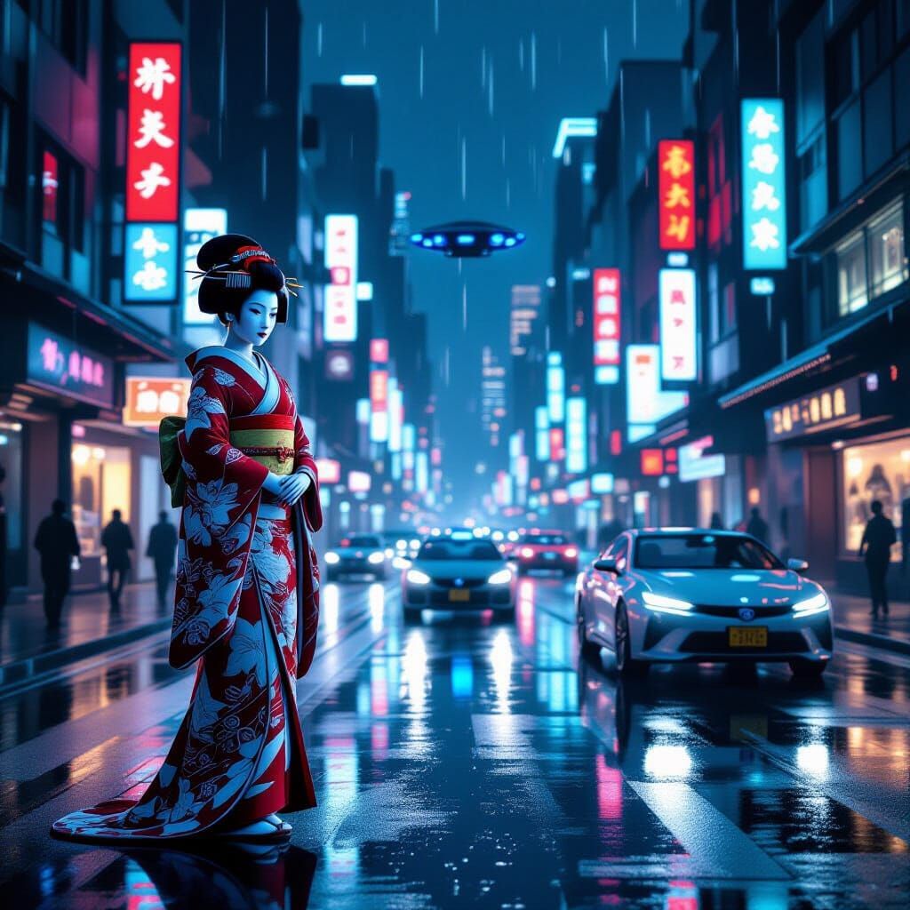 Robot Geisha in Neon Cityscape: Cyberpunk Style