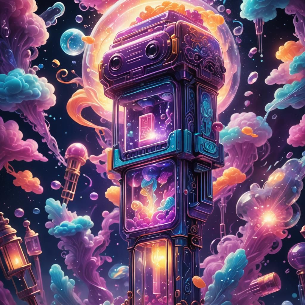 Glowing Pez Dispenser in Iridescent Dreamscape