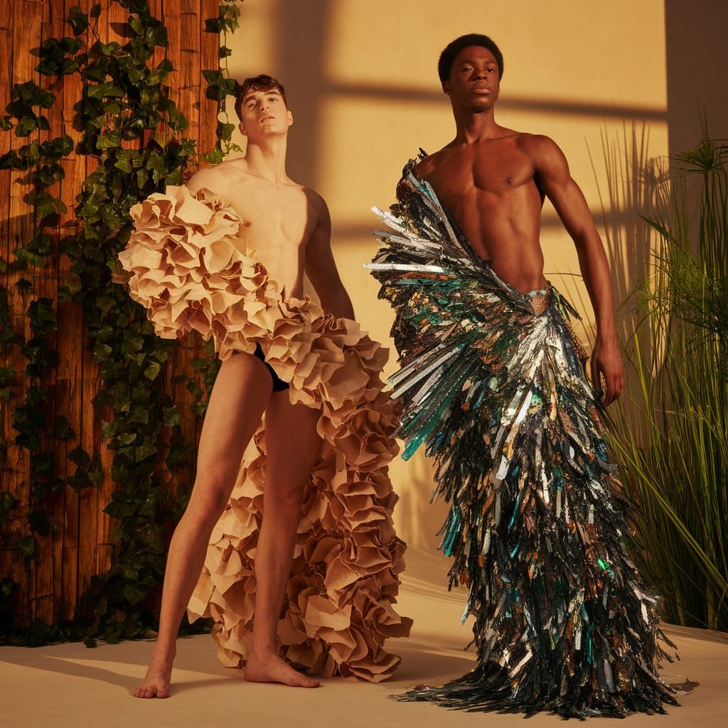 Male Models Showcase Recycled Garment Art