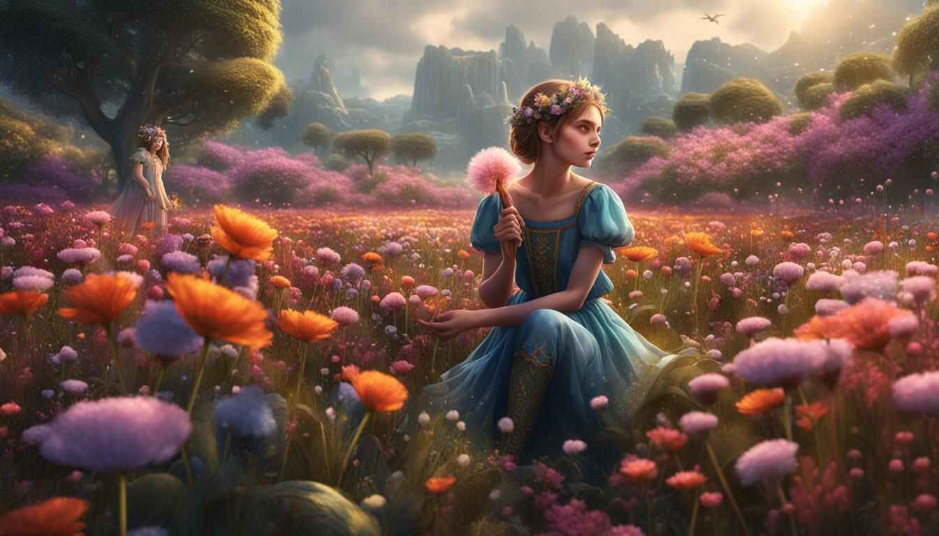 Beautiful Fairy in Flower Field, Fantasy Art