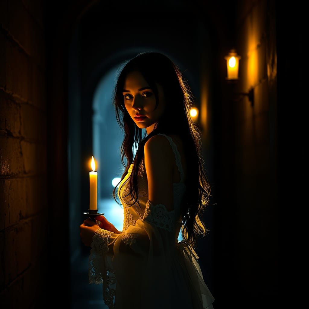 Mysterious Woman in Elegant Gown, Dark Castle Hallway