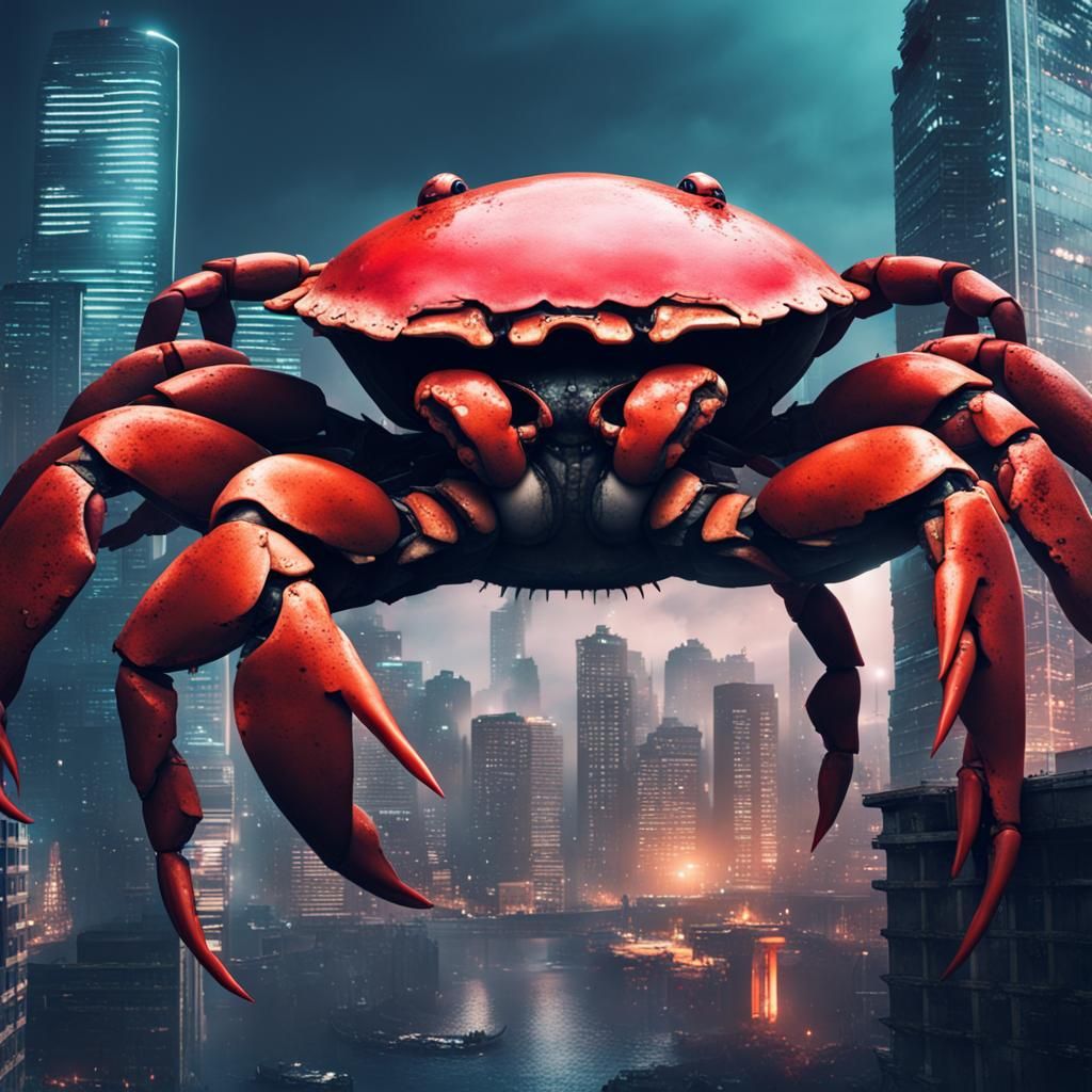 Giant Crab of Destruction in Cyberpunk Cityscape