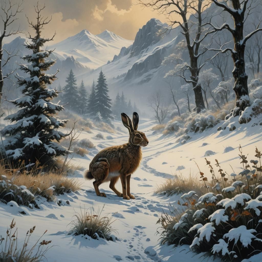 Breathtaking Snowy Mountain Scene with Surprising Hare