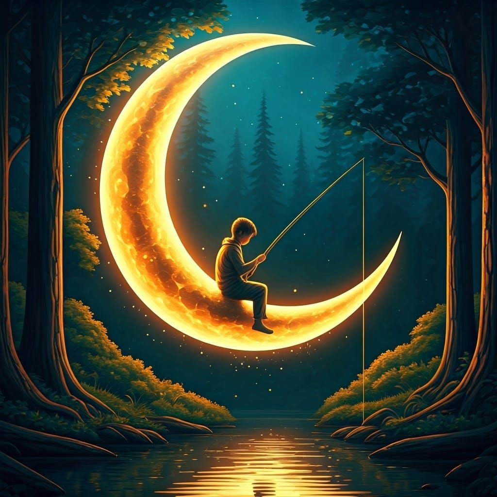 Boy Fishing from Moon: Hyperrealistic Night Scene