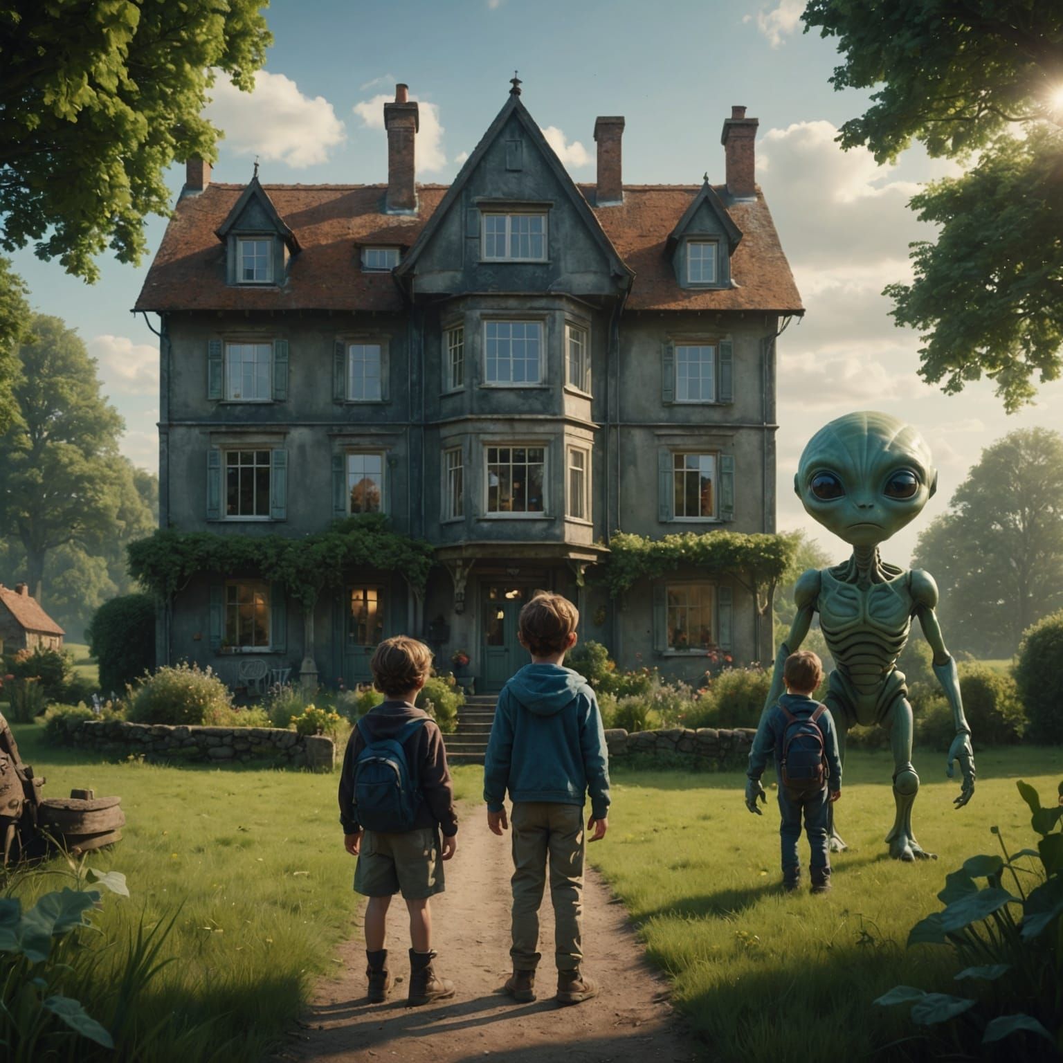 Child and Alien Companions in Countryside Home