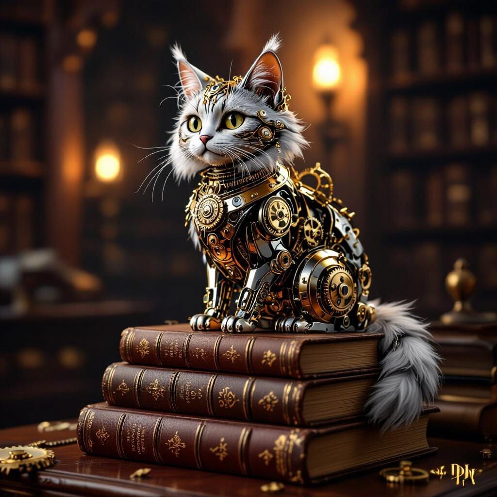 Clockwork Cat on Books in Dim Library, Steampunk Style