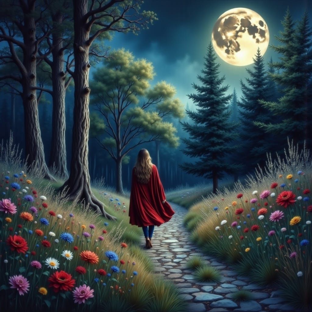 Woman in Red Cape in Enchanted Forest
