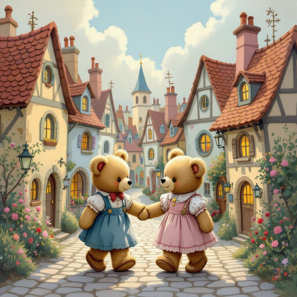 Teddy Bears Strolling Through Whimsical Fairytale Town