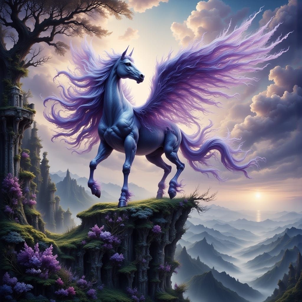 Amethyst Pegasus in Misty Valley, Classical Oil Painting