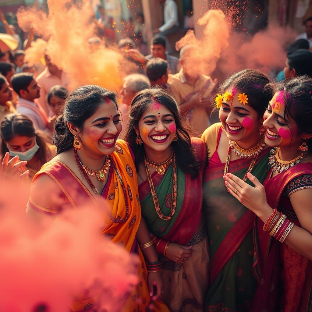 Joyful Holi Celebration with Dancing Women
